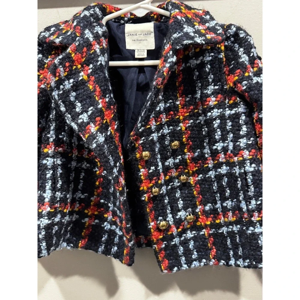 Janie and Jack Plaid Boucle Jacket Girls 18-24 Month Double Breasted Gold Button